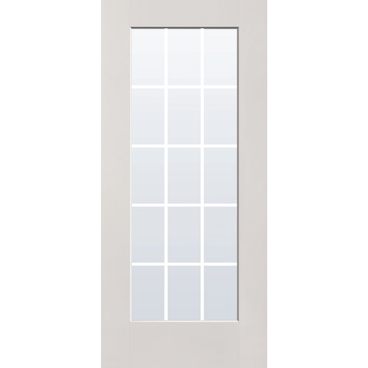 15 light grille flush glazed fiberglass entry door, full lite, 36" x 80", white satin smooth finish, white grilles between glass