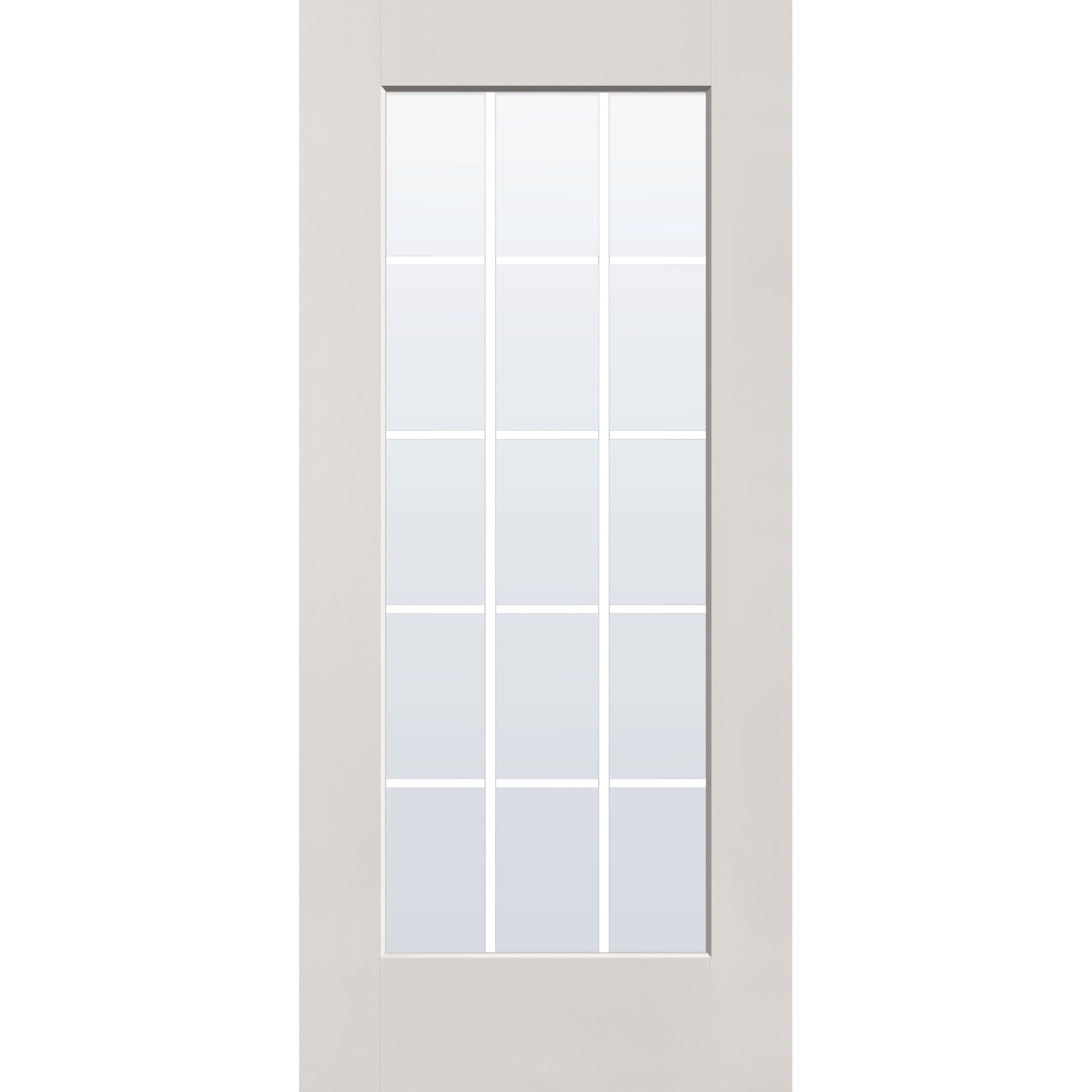 15 light grille flush glazed fiberglass entry door, full lite, 36" x 80", white satin smooth finish, white grilles between glass