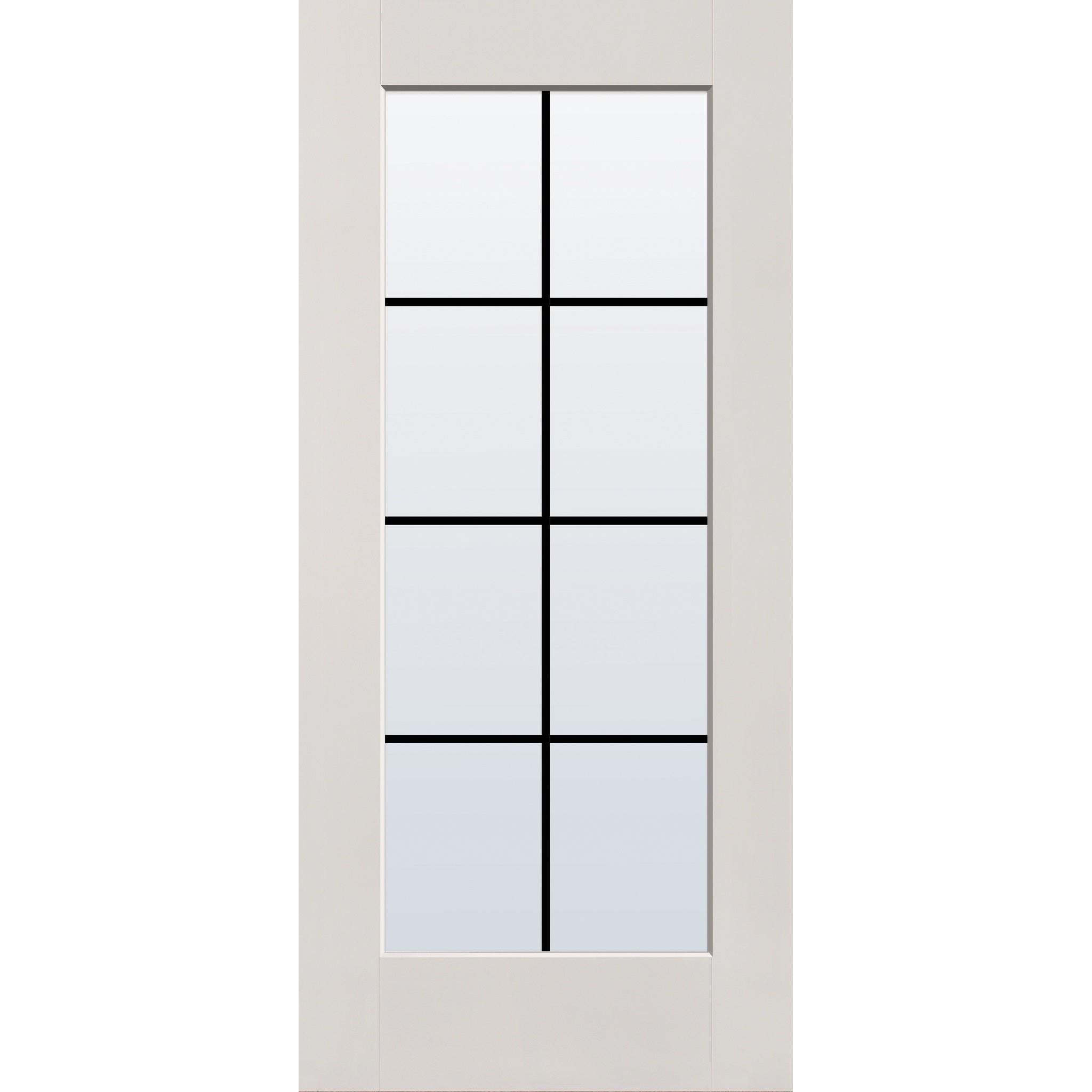 8 light grille flush glazed fiberglass entry door, full lite, 36" x 80", white satin smooth finish, black grilles between glass