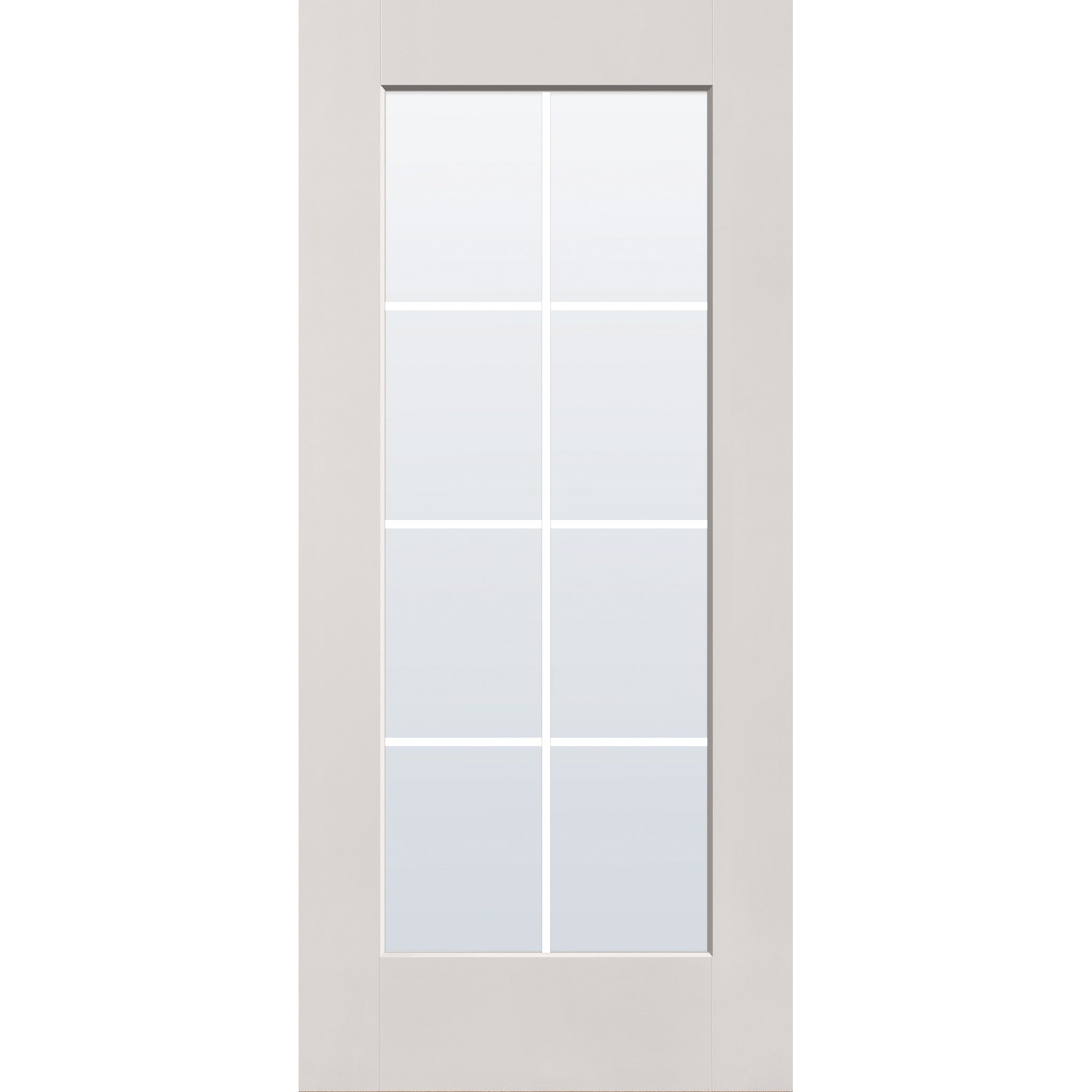 8 light grille flush glazed fiberglass entry door, full lite, 36" x 80", white satin smooth finish, white grilles between glass