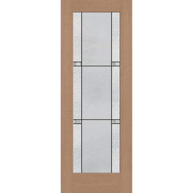 Dexter flush glazed hurricane-rated fiberglass entry door, full lite, 36" x 96", tan woodgrain finish, Black Aluminum caming