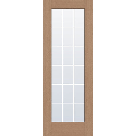 18 light grille flush glazed hurricane-rated fiberglass entry door, full lite, 36" x 96", tan woodgrain finish, white grilles between glass
