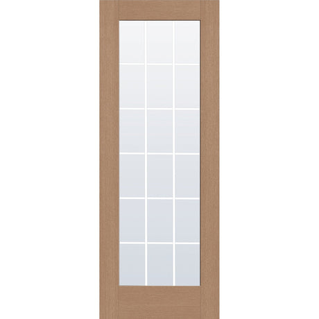 18 light grille flush glazed hurricane-rated fiberglass entry door, full lite, 36" x 96", tan woodgrain finish, white grilles between glass