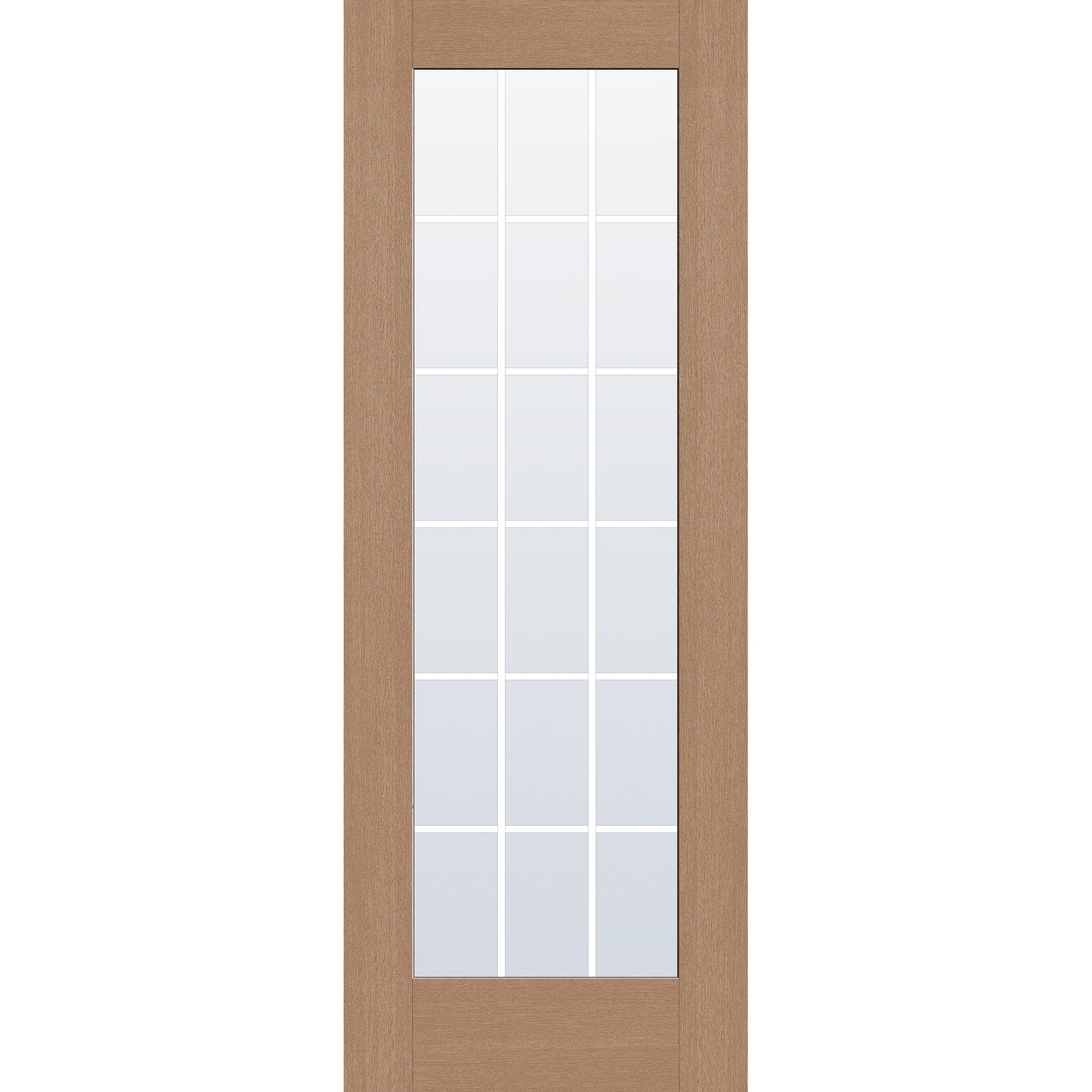 18 light grille flush glazed fiberglass entry door, full lite, 36" x 96", tan woodgrain finish, white grilles between glass