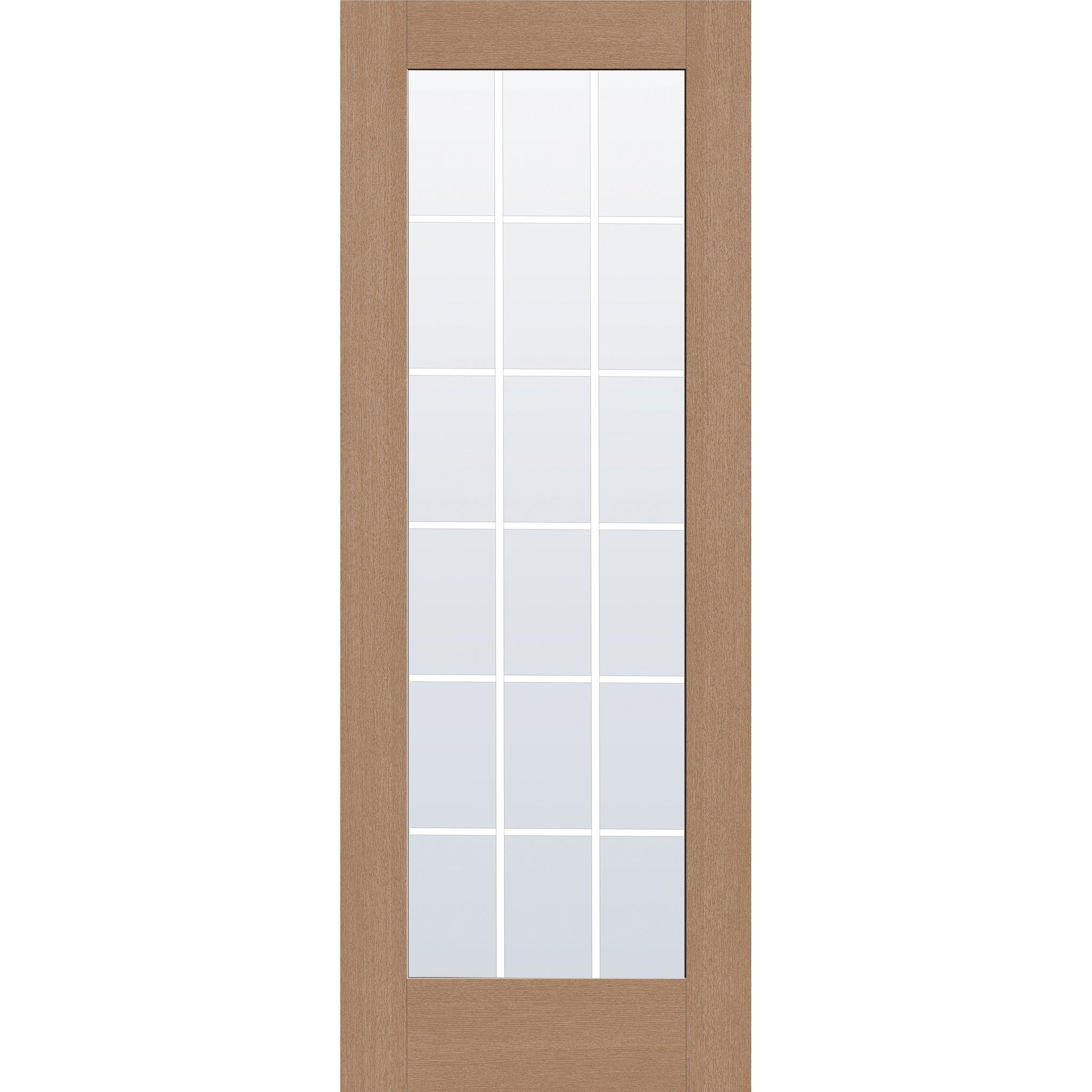 18 light grille flush glazed fiberglass entry door, full lite, 36" x 96", tan woodgrain finish, white grilles between glass