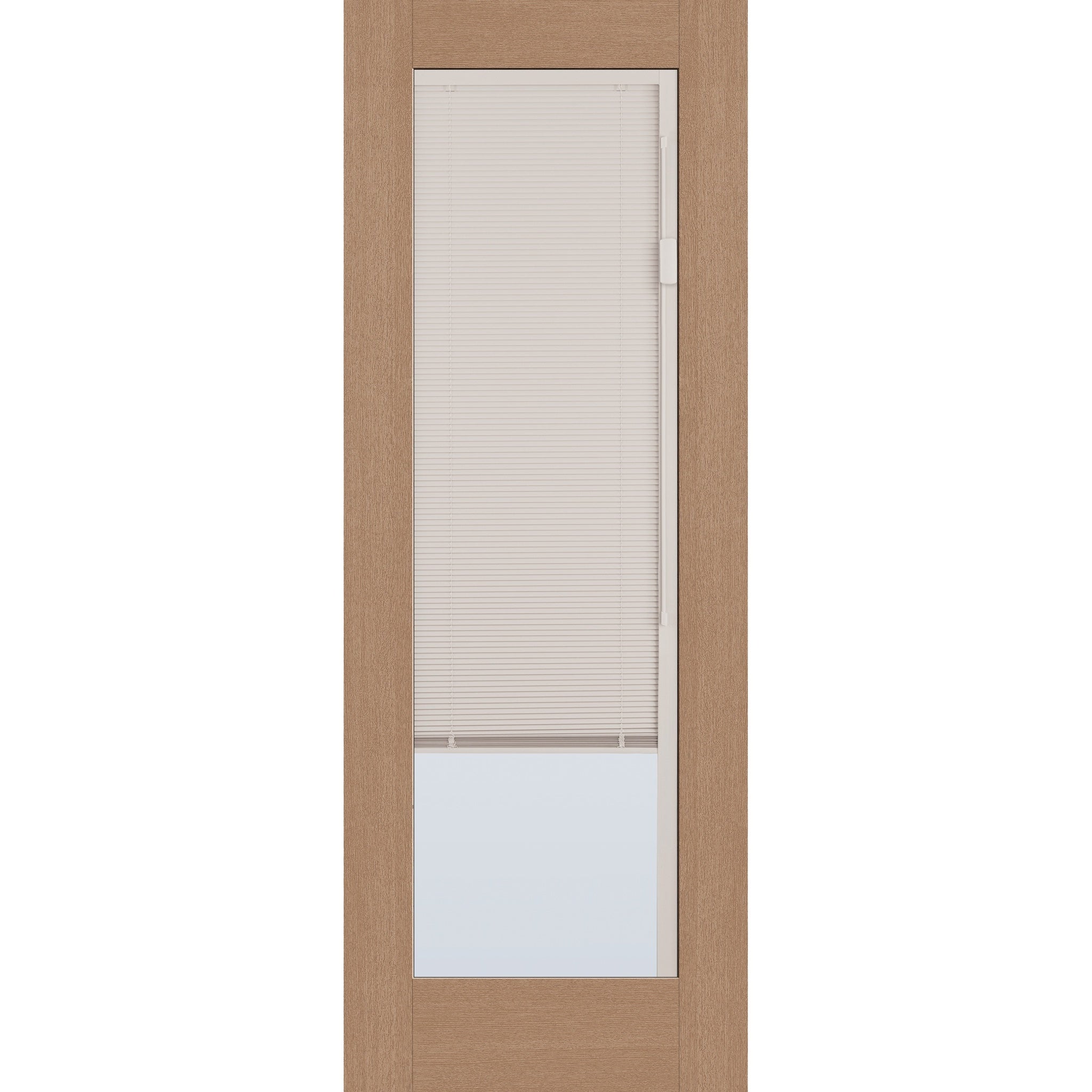 Raise & Lower Blinds flush glazed fiberglass entry door, full lite, 36" x 96", tan woodgrain finish, white blinds