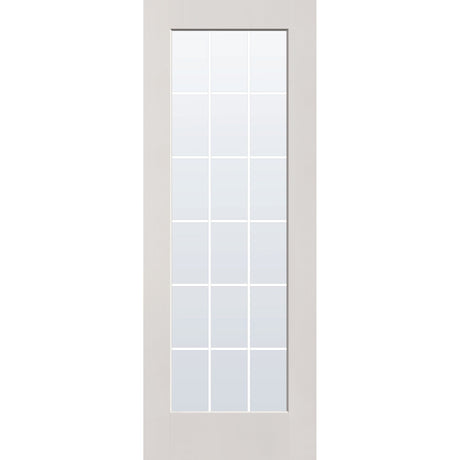 18 light grille flush glazed hurricane-rated fiberglass entry door, full lite, 36" x 96", white satin smooth finish, white grilles between glass
