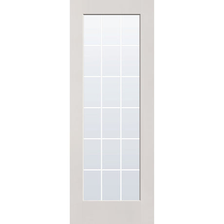 18 light grille flush glazed hurricane-rated fiberglass entry door, full lite, 36" x 96", white satin smooth finish, white grilles between glass