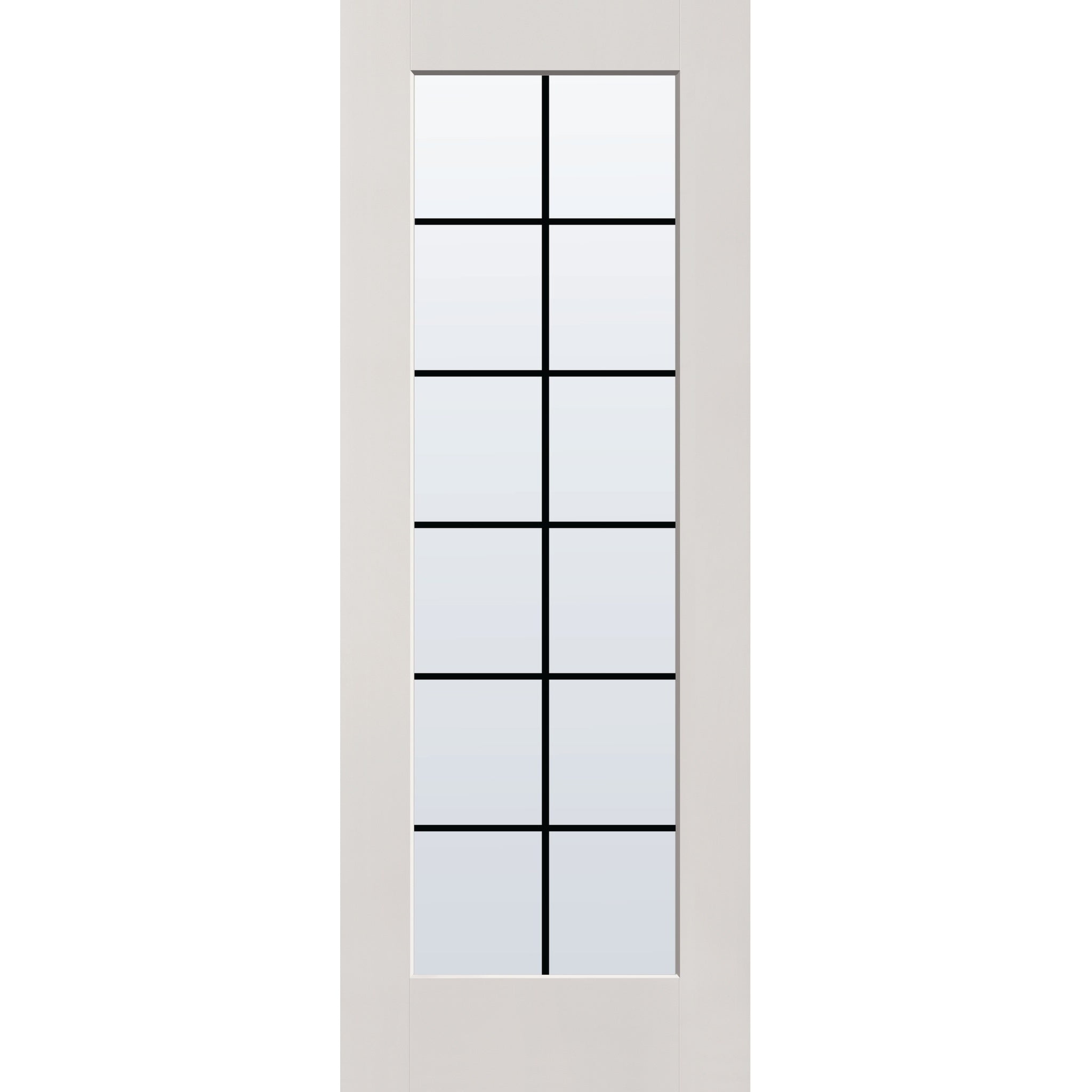 12 light grille flush glazed fiberglass entry door, full lite, 36" x 96", white satin smooth finish, black grilles between glass