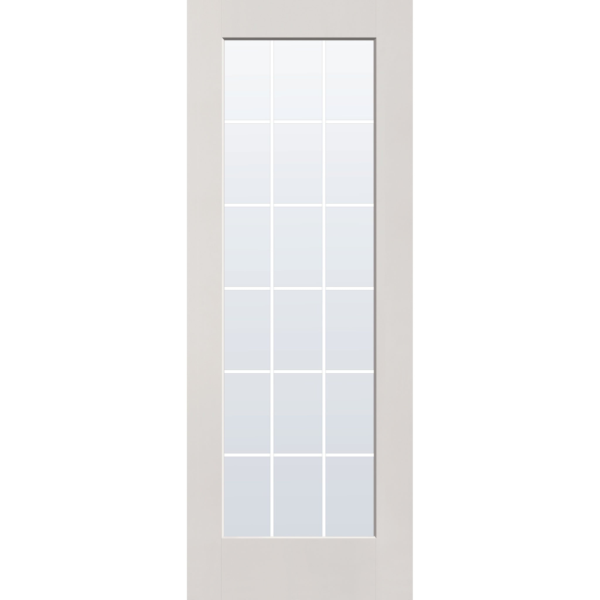 18 light grille flush glazed fiberglass entry door, full lite, 36" x 96", white satin smooth finish, white grilles between glass