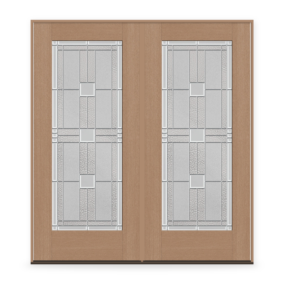 Double Austin Flush Glazed Fiberglass Entry Door System - Full Lite, Tan Woodgrain