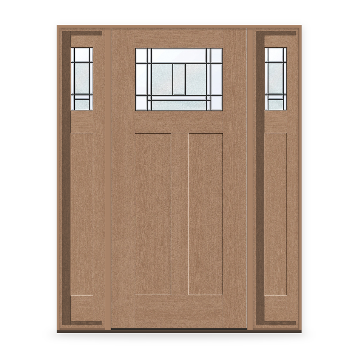 Berkley Flush Glazed Fiberglass Entry Door System with Two Sidelites - Craftsman 2 Panel, Tan Woodgrain