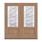 Double Briselle Flush Glazed Fiberglass Entry Door System - 3/4 Lite, Tan Woodgrain