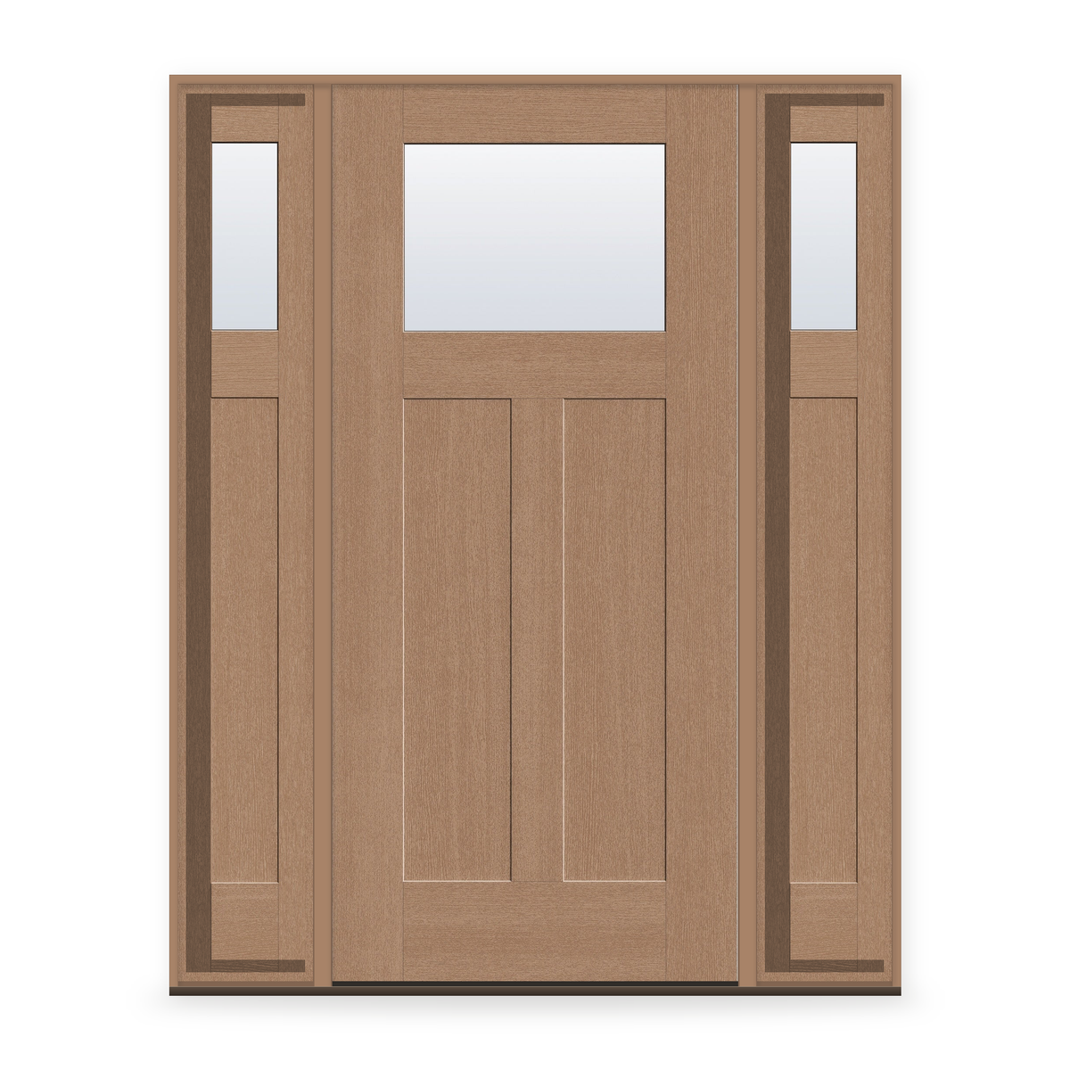 Clear Flush Glazed Fiberglass Entry Door System with Two Sidelites - Craftsman 2 Panel, Tan Woodgrain