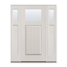 Clear Flush Glazed Fiberglass Entry Door System with Two Sidelites - Craftsman Plank, White Satin Smooth
