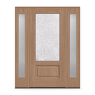 Double Waterglass Flush Glazed Fiberglass Entry Door System with Two Sidelites - 3/4 Lite, Tan Woodgrain