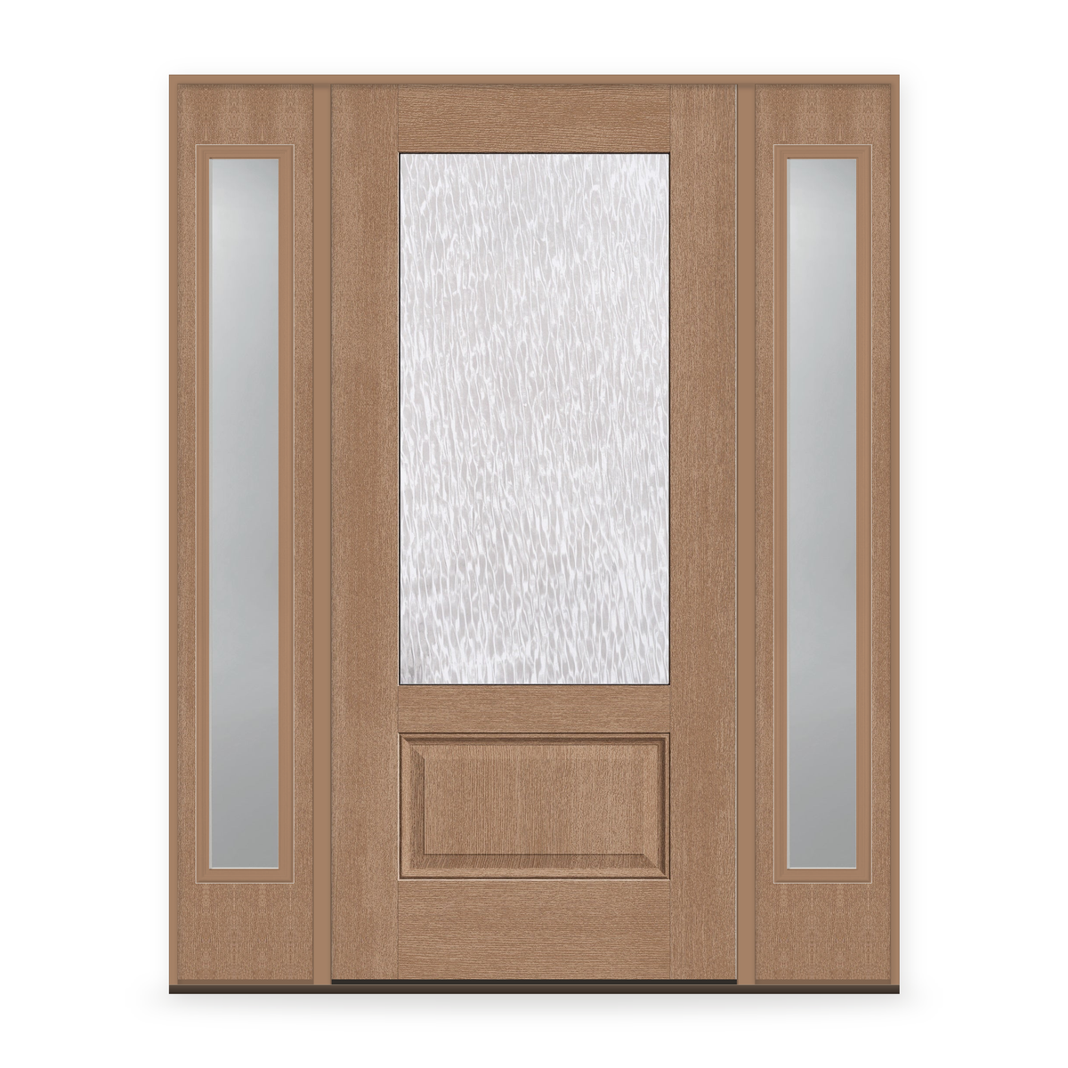 Double Waterglass Flush Glazed Fiberglass Entry Door System with Two Sidelites - 3/4 Lite, Tan Woodgrain
