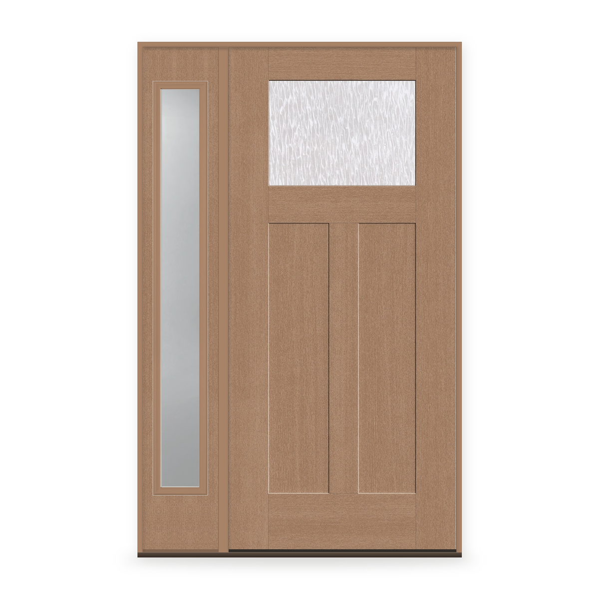 Double Waterglass Flush Glazed Fiberglass Entry Door System with Sidelite - Craftsman 2 Panel, Tan Woodgrain