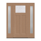 Double Waterglass Flush Glazed Fiberglass Entry Door System with Two Sidelites - Craftsman 2 Panel, Tan Woodgrain