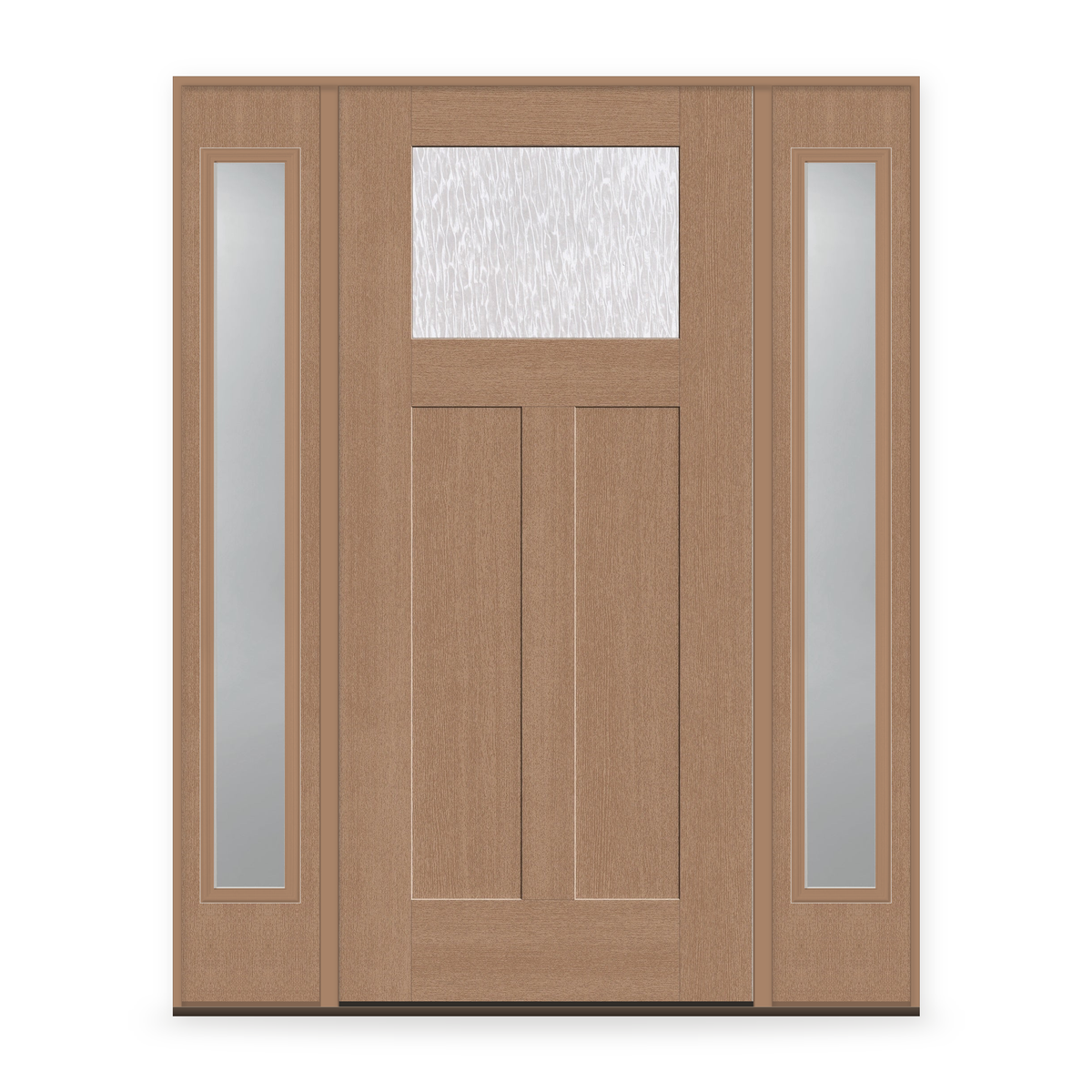 Double Waterglass Flush Glazed Fiberglass Entry Door System with Two Sidelites - Craftsman 2 Panel, Tan Woodgrain