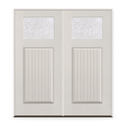 Double Waterglass Flush Glazed Fiberglass Entry Door System, Double Door - Craftsman Plank, White Satin Smooth