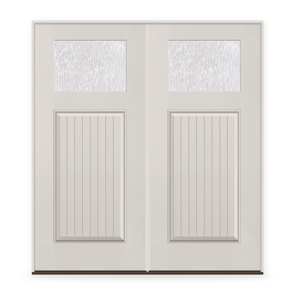 Double Waterglass Flush Glazed Fiberglass Entry Door System, Double Door - Craftsman Plank, White Satin Smooth