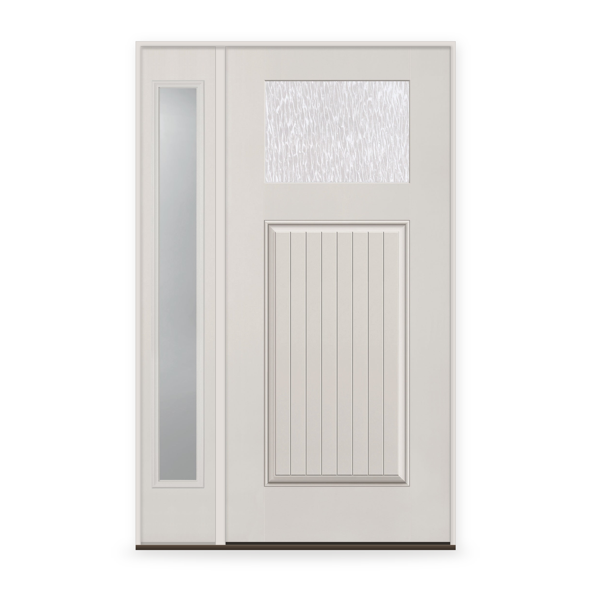 Double Waterglass Flush Glazed Fiberglass Entry Door System with Sidelite - Craftsman Plank, White Satin Smooth