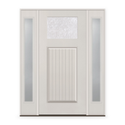 Double Waterglass Flush Glazed Fiberglass Entry Door System with Two Sidelites - Craftsman Plank, White Satin Smooth