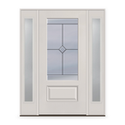 Garrison Flush Glazed Fiberglass Entry Door System with Two Sidelites - 3/4 Lite, White Satin Smooth