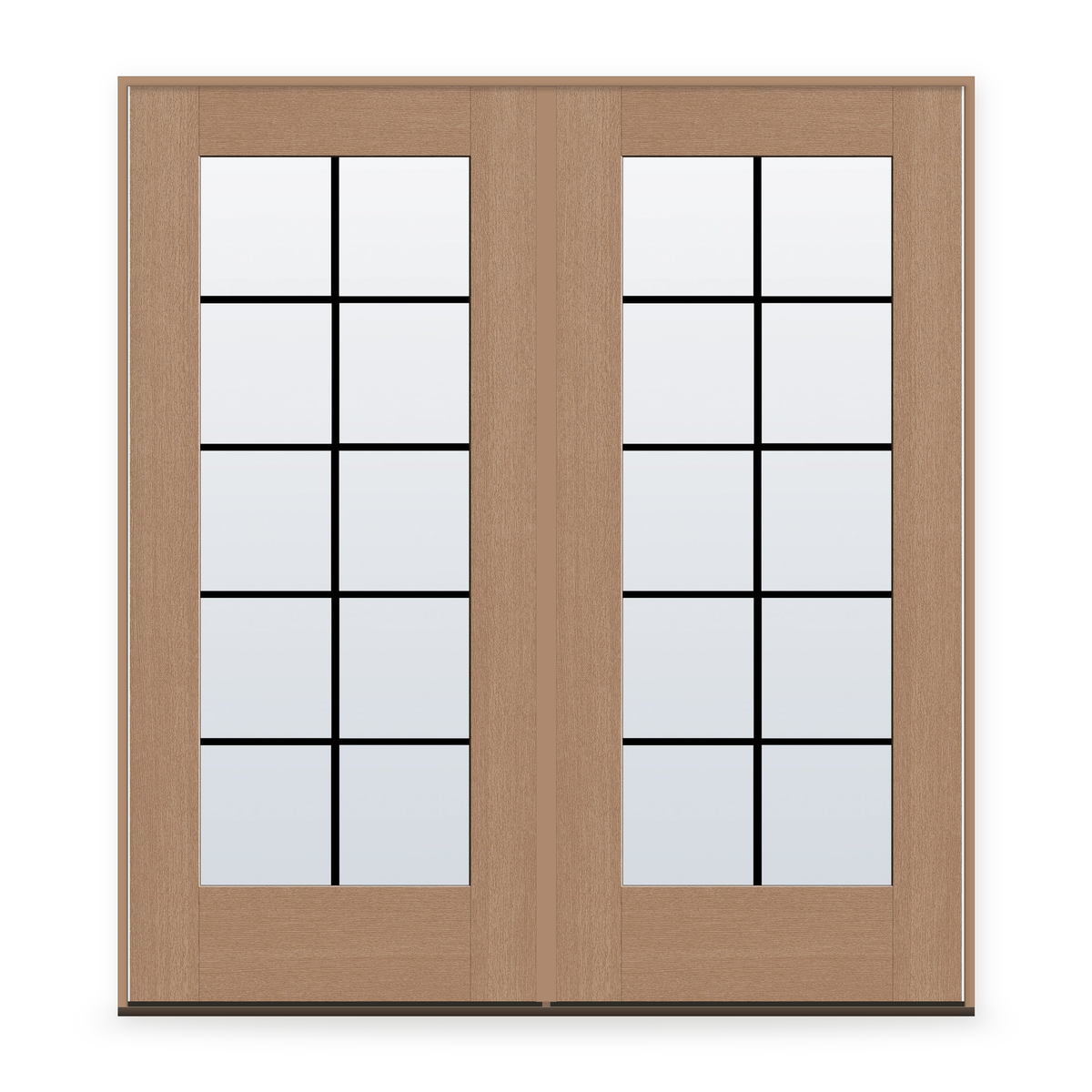 Double Grills Between Glass 10 Light Flush Glazed Fiberglass Entry Door System - Full Lite, Tan Woodgrain, Black 7/8" Grilles