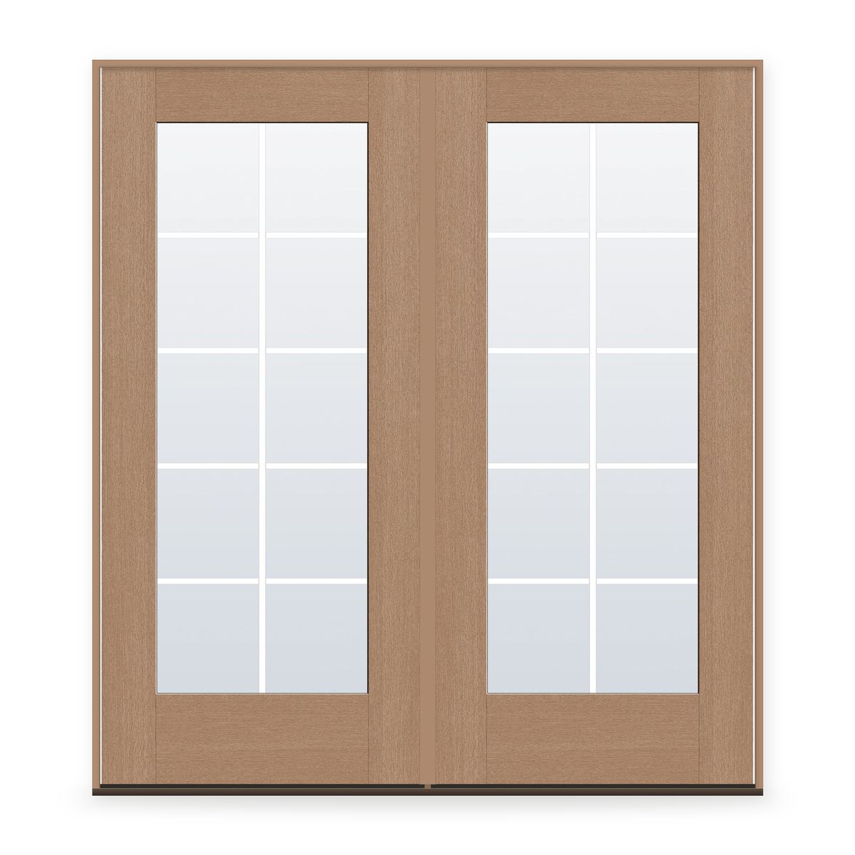 Double Grills Between Glass 10 Light Flush Glazed Fiberglass Entry Door System - Full Lite, Tan Woodgrain, White 5/8" Grilles