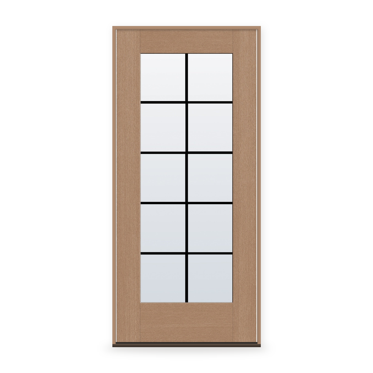 Prehung Grills Between Glass 10 Light Flush Glazed Fiberglass Entry Door System - Full Lite, Tan Woodgrain, Black 5/8" Grilles