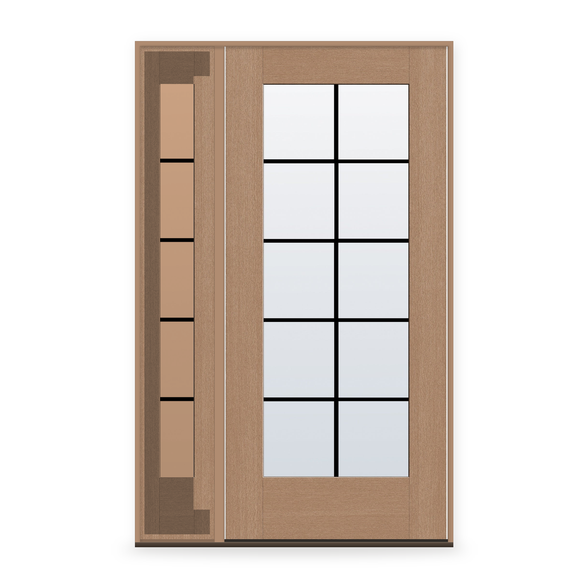 Grills Between Glass 10 Light Flush Glazed Fiberglass Entry Door System with Sidelite - Full Lite, Tan Woodgrain, Black 5/8" Grilles