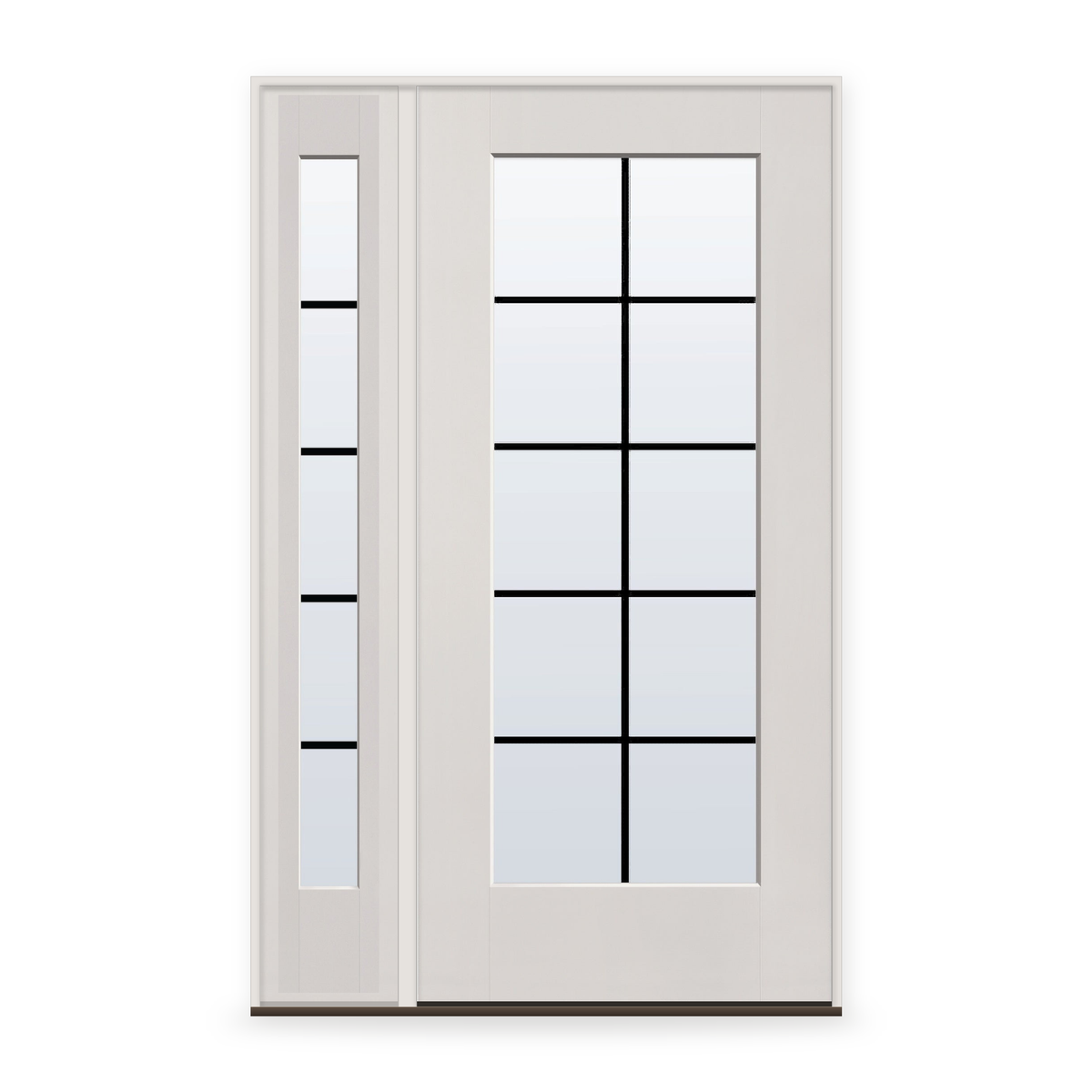 Grills Between Glass 10 Light Flush Glazed Fiberglass Entry Door System with Sidelite - Full Lite, White Satin Smooth, Black 7/8" Grilles