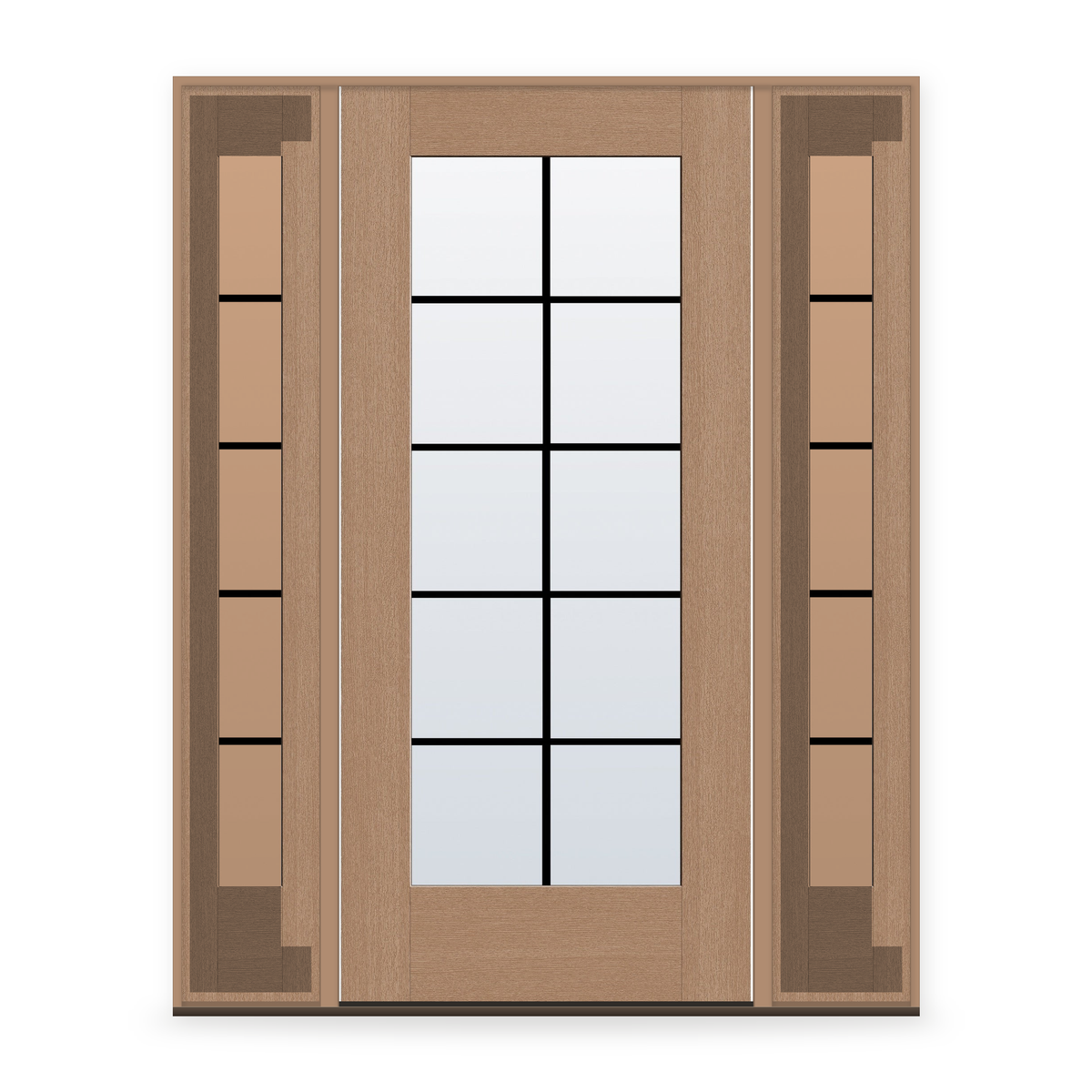 Grills Between Glass 10 Light Flush Glazed Fiberglass Entry Door System with Two Sidelites - Full Lite, Tan Woodgrain, Black 5/8" Grilles