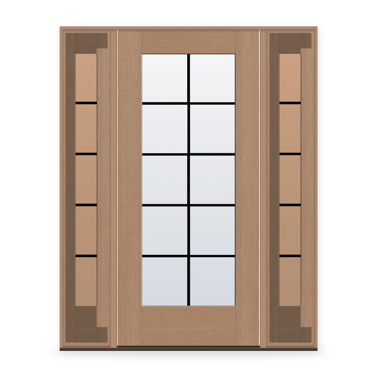 Grills Between Glass 10 Light Flush Glazed Fiberglass Entry Door System with Two Sidelites - Full Lite, Tan Woodgrain, Black 7/8" Grilles