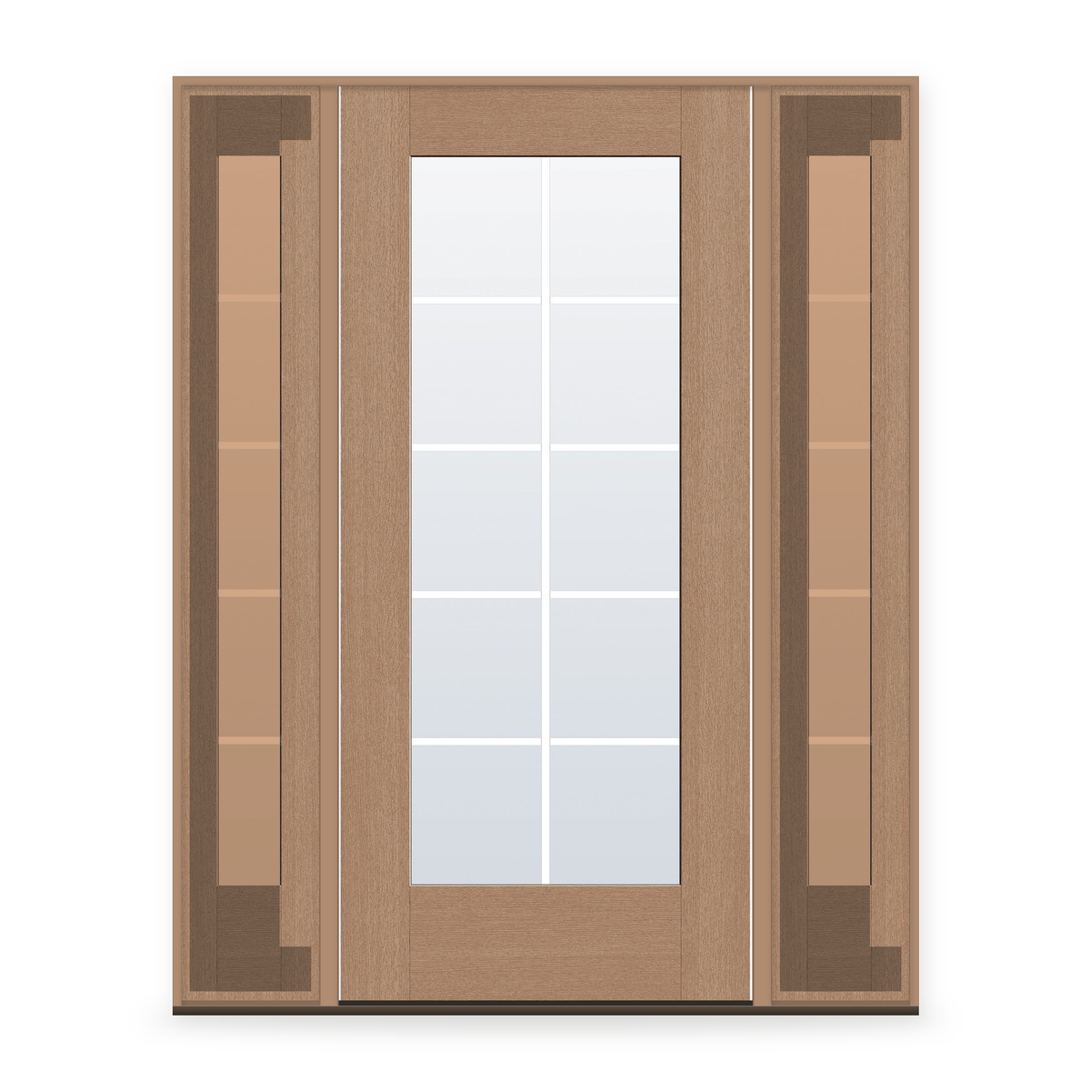 Grills Between Glass 10 Light Flush Glazed Fiberglass Entry Door System with Two Sidelites - Full Lite, Tan Woodgrain, White 5/8" Grilles
