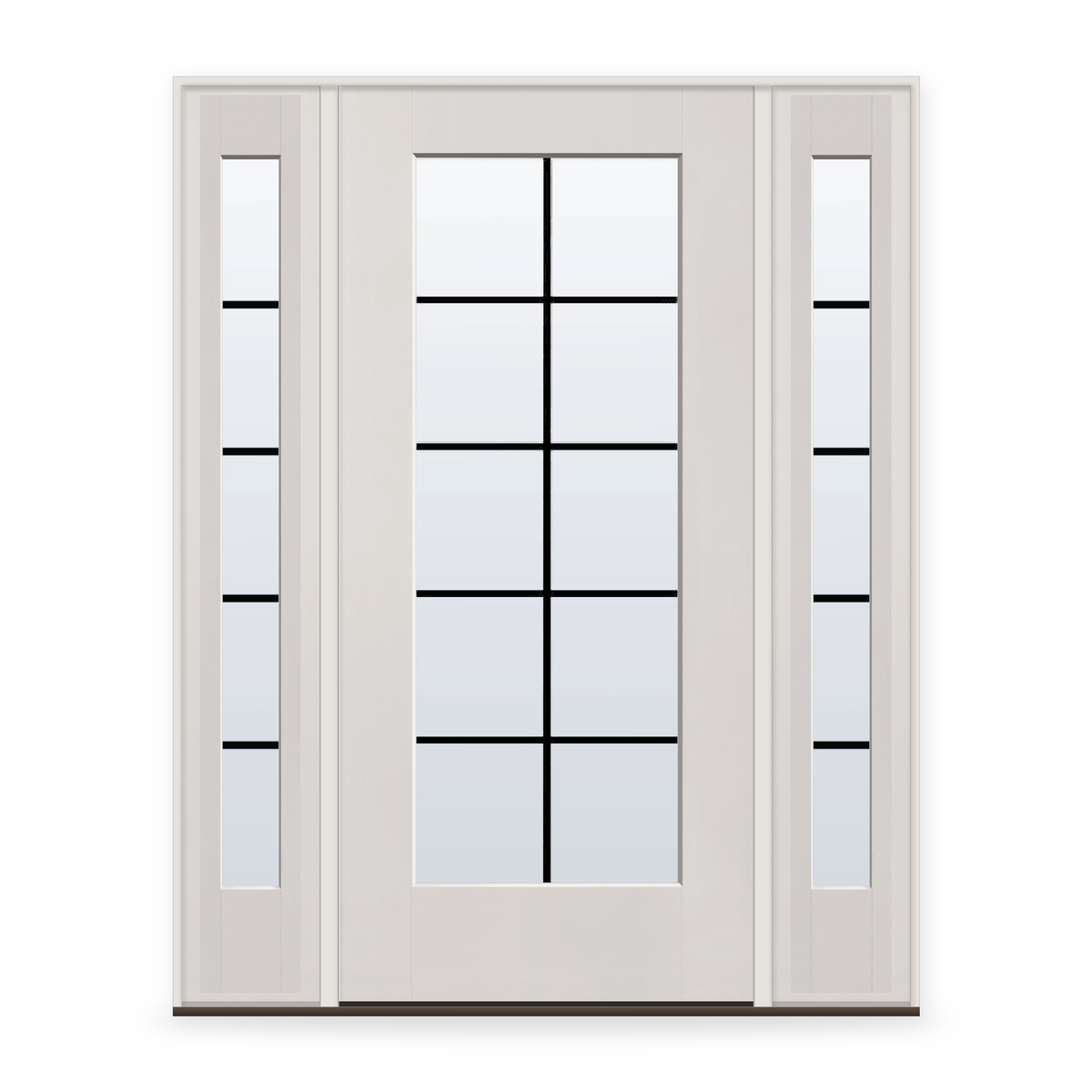 Grills Between Glass 10 Light Flush Glazed Fiberglass Entry Door System with Two Sidelites - Full Lite, White Satin Smooth, Black 5/8" Grilles