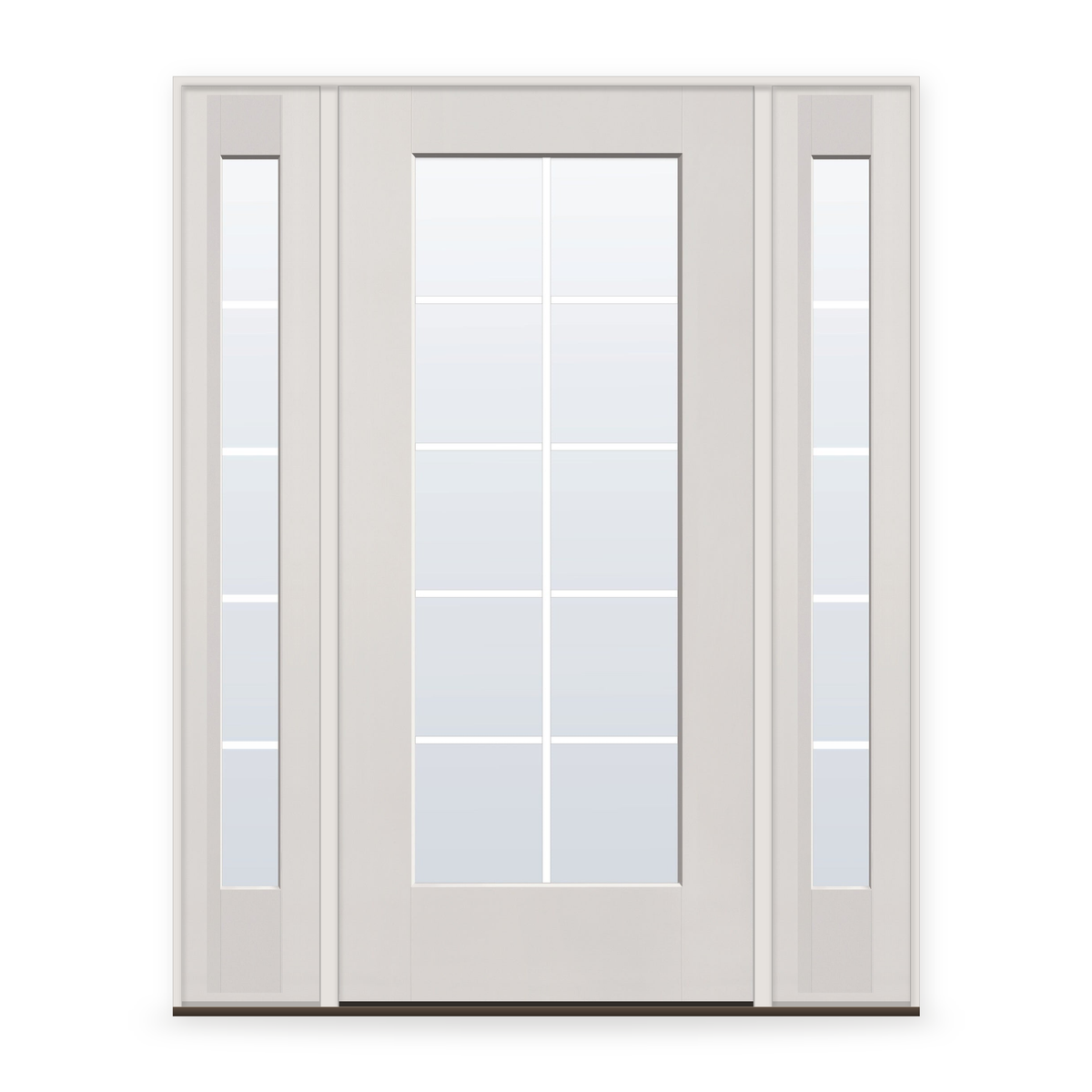 Grills Between Glass 10 Light Flush Glazed Fiberglass Entry Door System with Two Sidelites - Full Lite, White Satin Smooth, White 5/8" Grilles