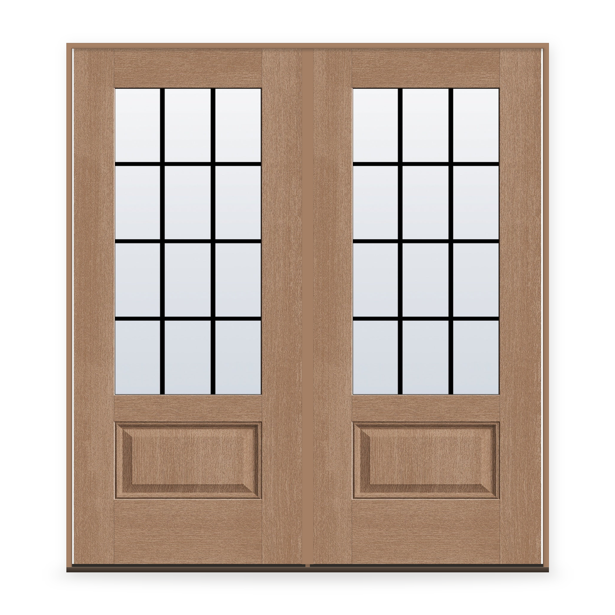 Double Grills Between Glass 12 Light Flush Glazed Fiberglass Entry Door System - 3/4 Lite, Tan Woodgrain, Black 5/8" Grilles