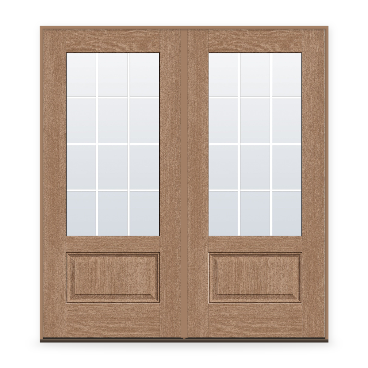 Double Grills Between Glass 12 Light Flush Glazed Fiberglass Entry Door System - 3/4 Lite, Tan Woodgrain, White 5/8" Grilles