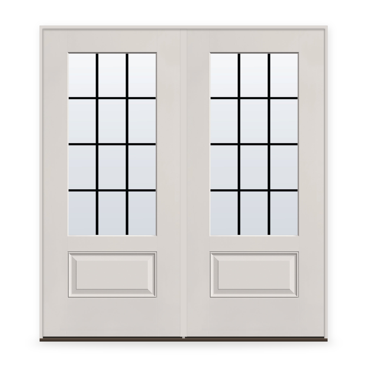 Double Grills Between Glass 12 Light Flush Glazed Fiberglass Entry Door System - 3/4 Lite, White Satin Smooth, Black 5/8" Grilles