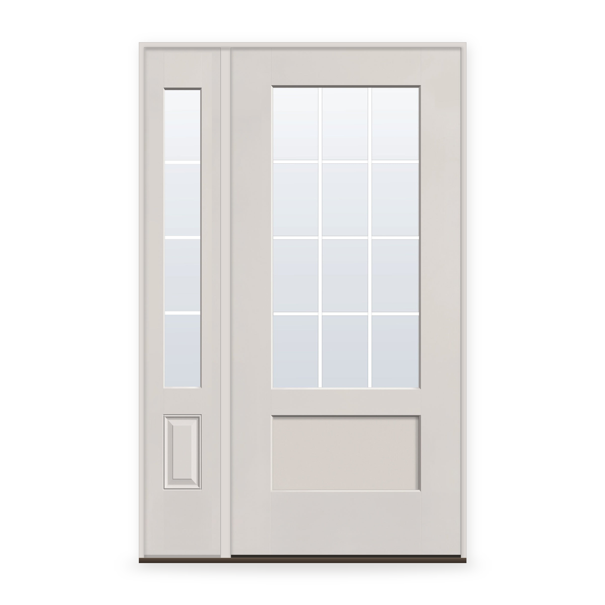 Grills Between Glass 12 Light Flush Glazed Fiberglass Entry Door System with Sidelite - 3/4 Lite Shaker, White Satin Smooth, White 7/8" Grilles