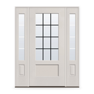 Grills Between Glass 12 Light Flush Glazed Fiberglass Entry Door System with Two Sidelites - 3/4 Lite Shaker, White Satin Smooth, Black 5/8" Grilles