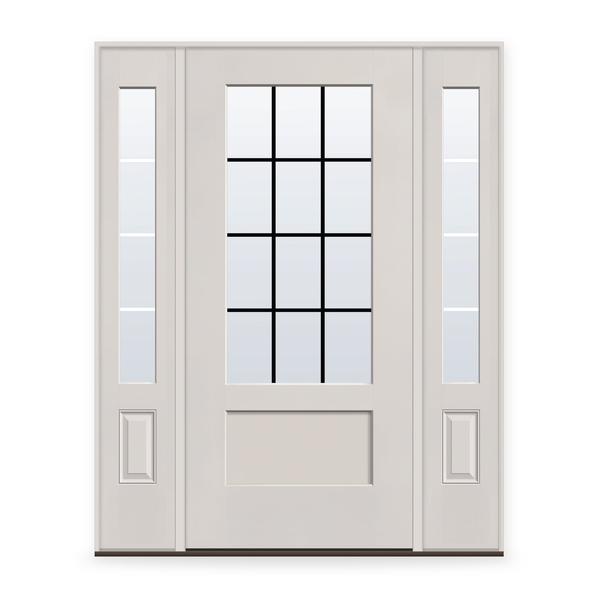 Grills Between Glass 12 Light Flush Glazed Fiberglass Entry Door System with Two Sidelites - 3/4 Lite Shaker, White Satin Smooth, Black 5/8" Grilles