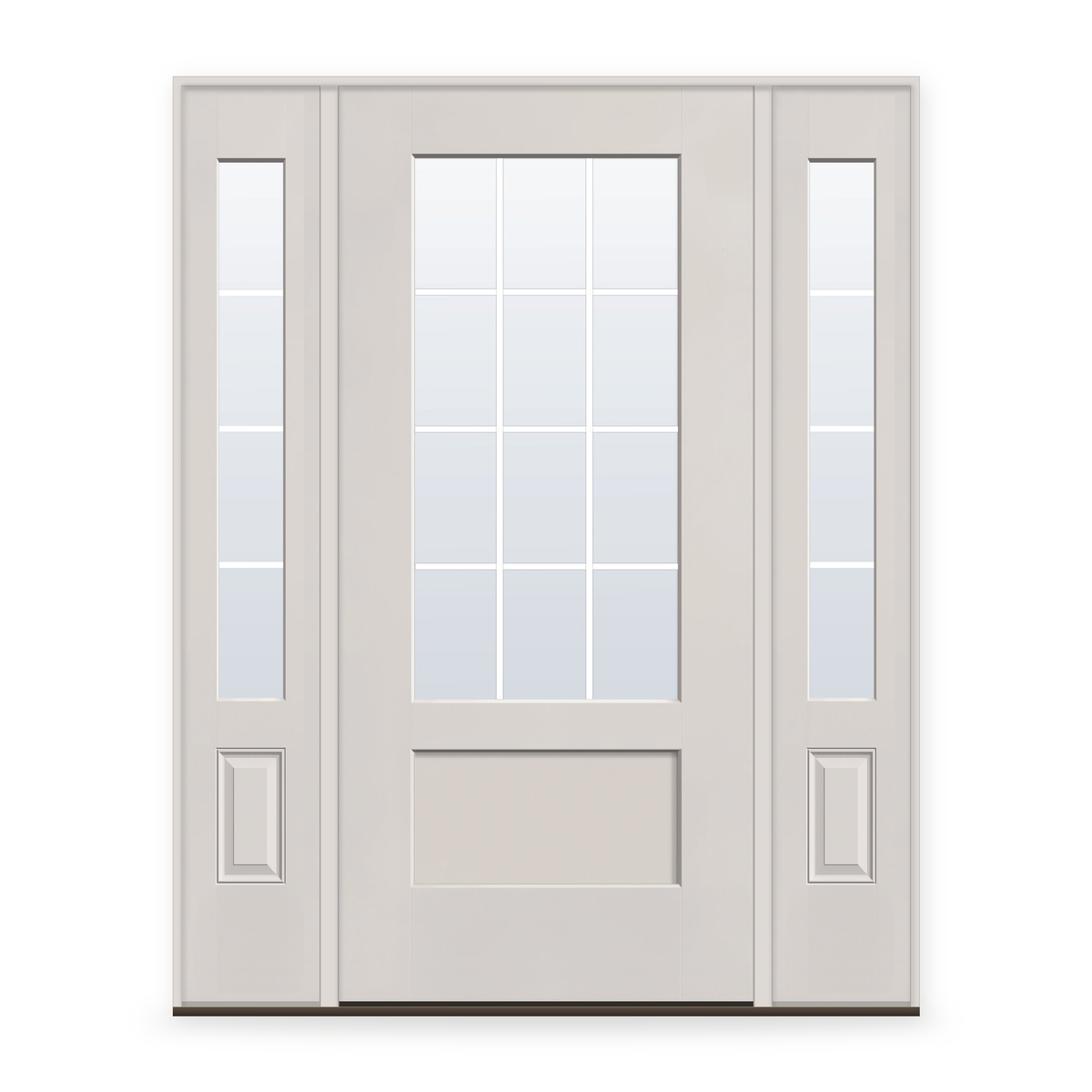 Grills Between Glass 12 Light Flush Glazed Fiberglass Entry Door System with Two Sidelites - 3/4 Lite Shaker, White Satin Smooth, White 7/8" Grilles