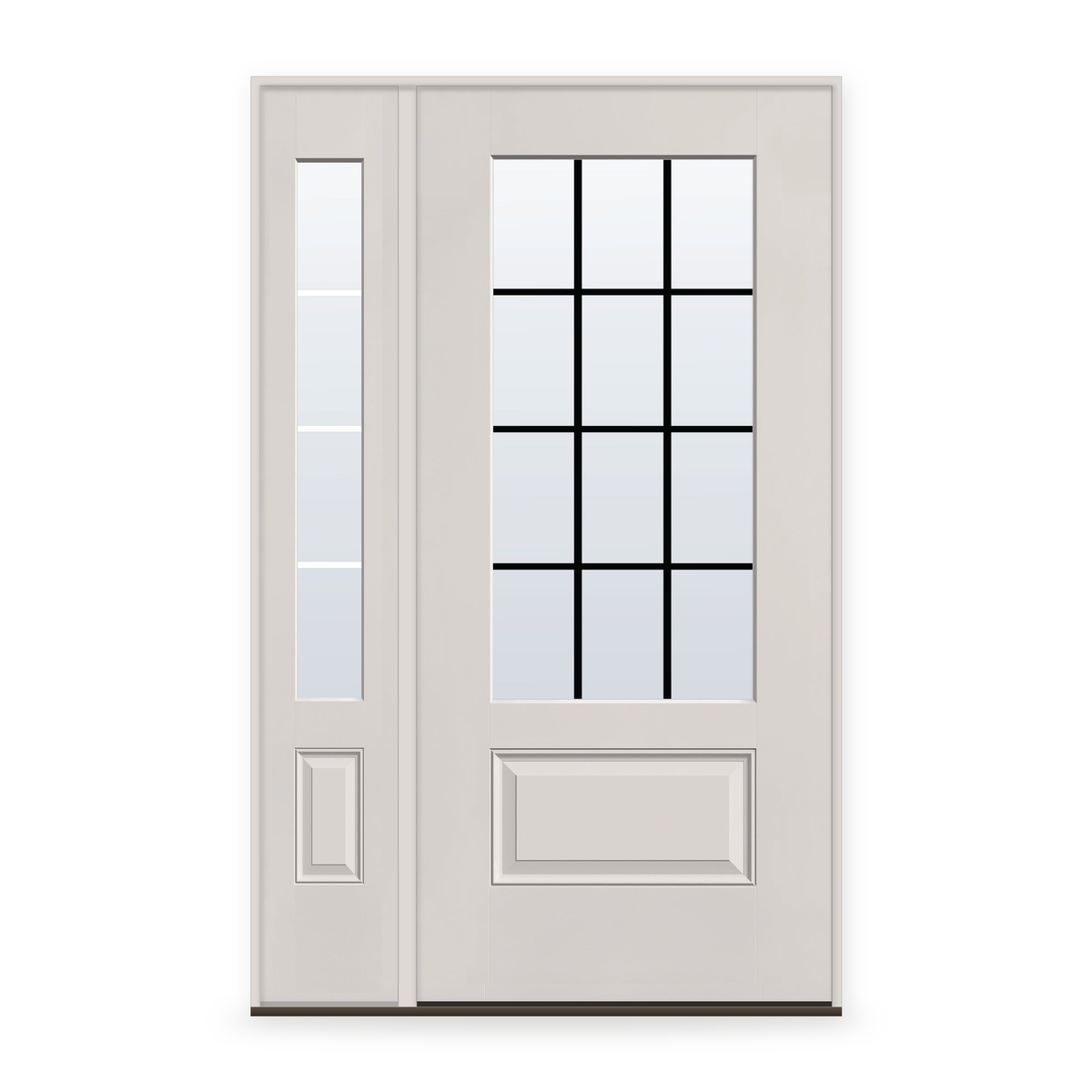 Grills Between Glass 12 Light Flush Glazed Fiberglass Entry Door System with Sidelite - 3/4 Lite, White Satin Smooth, Black 5/8" Grilles
