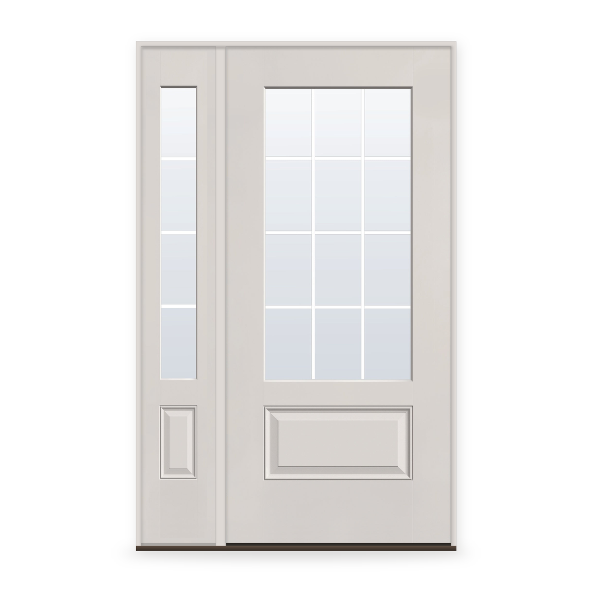 Grills Between Glass 12 Light Flush Glazed Fiberglass Entry Door System with Sidelite - 3/4 Lite, White Satin Smooth, White 7/8" Grilles