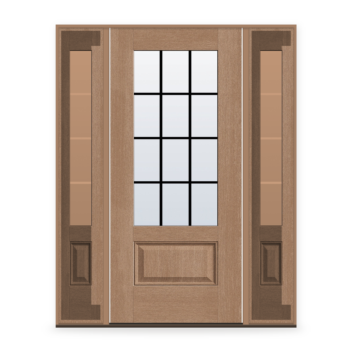 Grills Between Glass 12 Light Flush Glazed Fiberglass Entry Door System with Two Sidelites - 3/4 Lite, Tan Woodgrain, Black 5/8" Grilles