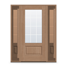 Grills Between Glass 12 Light Flush Glazed Fiberglass Entry Door System with Two Sidelites - 3/4 Lite, Tan Woodgrain, White 7/8" Grilles